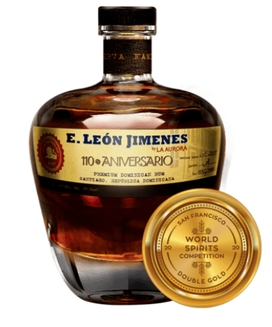 Bottle of E. León Jimenes 110 Aniversario premium Dominican rum with its Double Gold medal from the San Francisco World Spirits Competition.