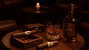 Elegant Dominican cigar lounge with leather armchairs, wooden walls, and a glass of rum beside premium León Jimenes cigars.
