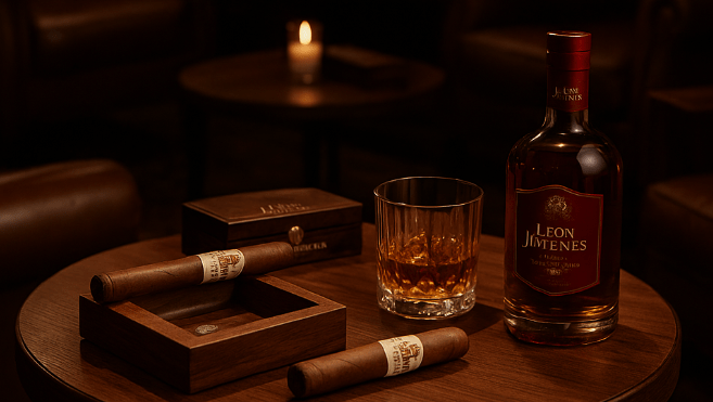 Elegant Dominican cigar lounge with leather armchairs, wooden walls, and a glass of rum beside premium León Jimenes cigars.