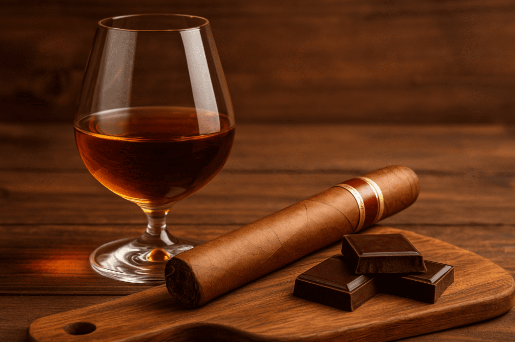 Luxury after-dinner setup with Dominican rum, a cigar, and dark chocolate on a wooden table under warm ambient light.