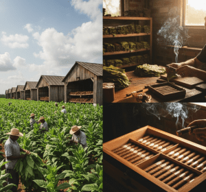 Stages of premium cigar production in the Dominican Republic, showing tobacco fields, leaf fermentation, cigar rolling, and a cedar humidor with finished cigars.