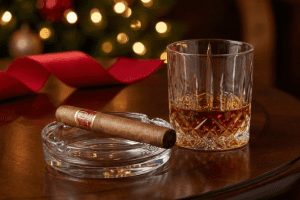A premium León Jimenes cigar resting on a crystal ashtray next to a glass of aged Dominican rum, set against a warm, festive holiday background with soft lighting.